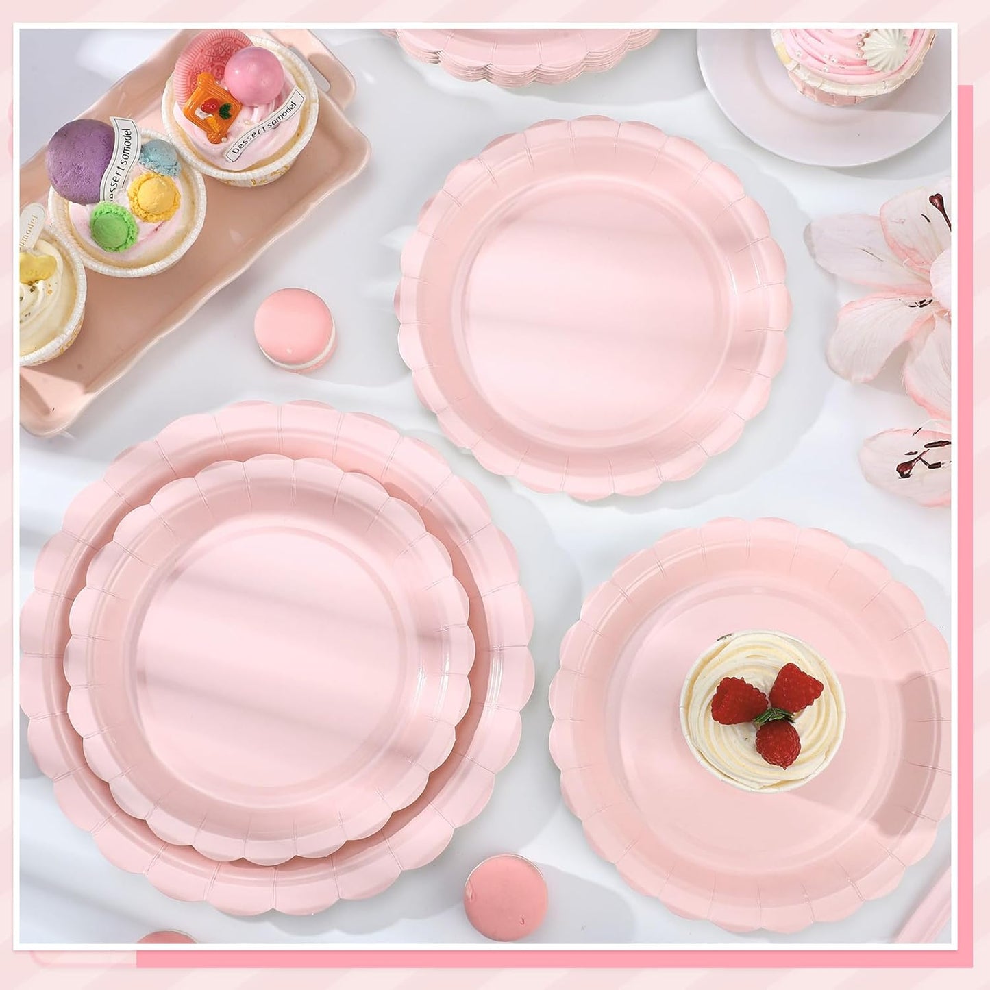 30 Pcs Dessert Plates Disposable, 7 Inch Pink Cake Plates Scalloped Small Appetizer Birthday Plate Fancy Pink Party Plate for Wedding, Bridal Baby Shower