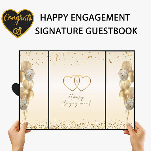 DARUNAXY Black Gold Engagement Party Decorations, Happy Engagement Alternative Signature Guest Book Just Engaged Gifts Almost Married Congratulations Engagement Signing Card Board Party Supplies
