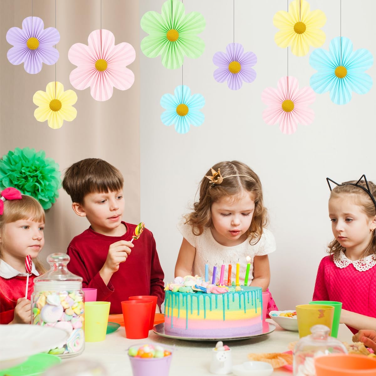 Pastel Party Decorations Paper Flowers Decorations for Wall Classroom Paper Fans Floral Backdrop Flower Wall Decor Pack of 9 Colorfu