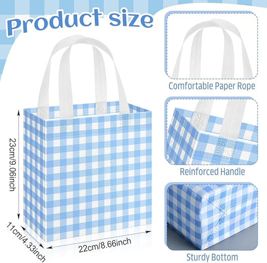 Sweetude 16 Pcs Blue White Checkered Gift Bags with Handles Gingham Blue and White Party Favors Non-woven Reusable Tote for Women Wedding Birthday Baby Shower Mother's Day Party Decorations