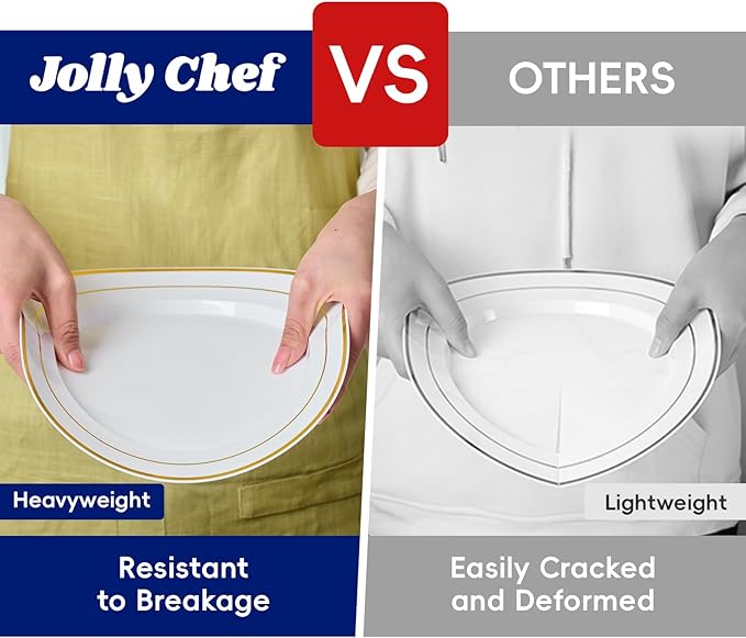 JOLLY CHEF 200 Pieces Gold Plastic Plates, 10 Inch Elegan Disposable Plates White Plate with Gold Rim,Plastic Plates for Christmas、Birthdays and Weddings