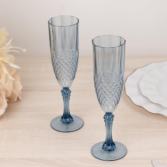 Efavormart 6-Pack Champagne Glasses, 8oz Shatterproof Plastic Crystal Cut Toast Flutes, Dusty Blue for Party Celebration Wedding