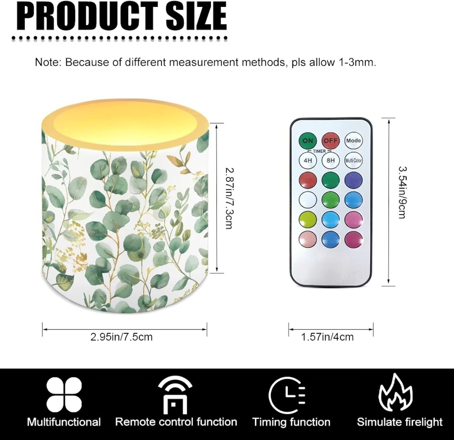 Poceacles Remote Control LED Flameless Candles Set of 4, Decorative Flickering Battery-Powered Candles with Remote Control for Restaurant Cafe Party Decor, Eucalyptus Leaf Green White