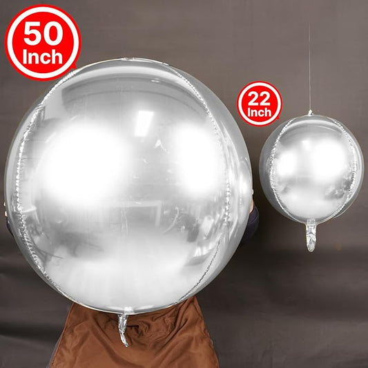 PartyWoo Metallic Silver Foil Balloons 3pcs 50 Inch Large Round Foil Big Giant 4D Jumbo Inflatable Mirror Ball Mylar Balloons for Graduation Birthday Engagement Space Themed Party Decorations