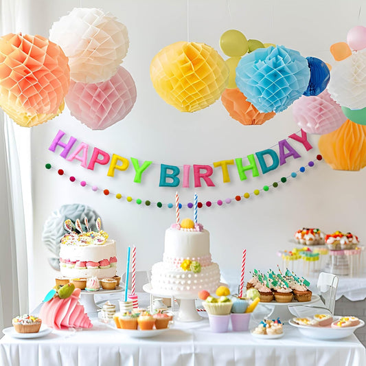 Happy Birthday Banner Rainbow Felt Ball Garland Pre-Strung Happy Birthday Sign for Party Backdrop Decorations Photo Prop
