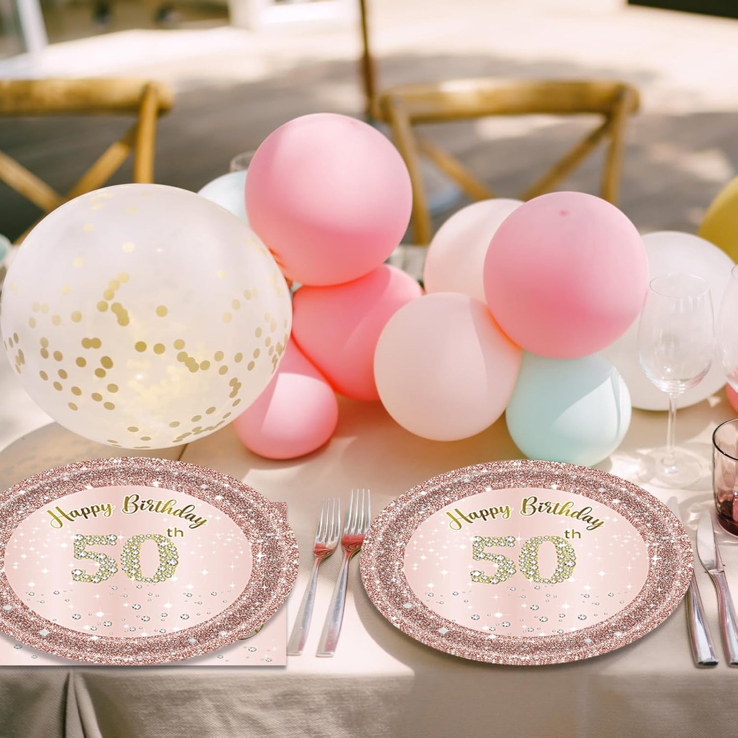 50th Birthday Decorations for Women, Rose Gold Fifty Year Old Party Supplies Include 20 Plates 20 Napkins, Pink 50 Aged Birthday Party Tableware