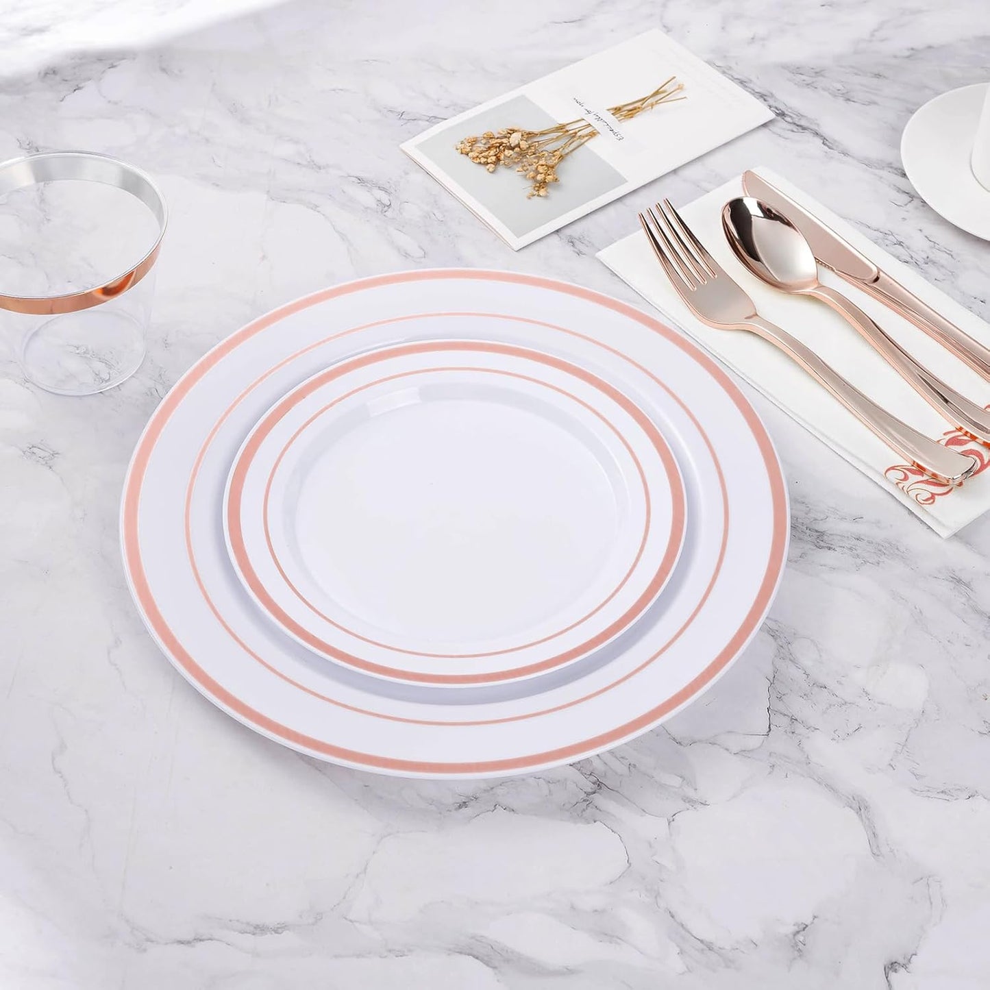 BESTVIP 200PCS Rose Gold Plastic Plate, Disposable Party Plates with 100 Dinner Plates and 100 Dessert Plates, Plastic Plates for Party, Wedding and Birthday