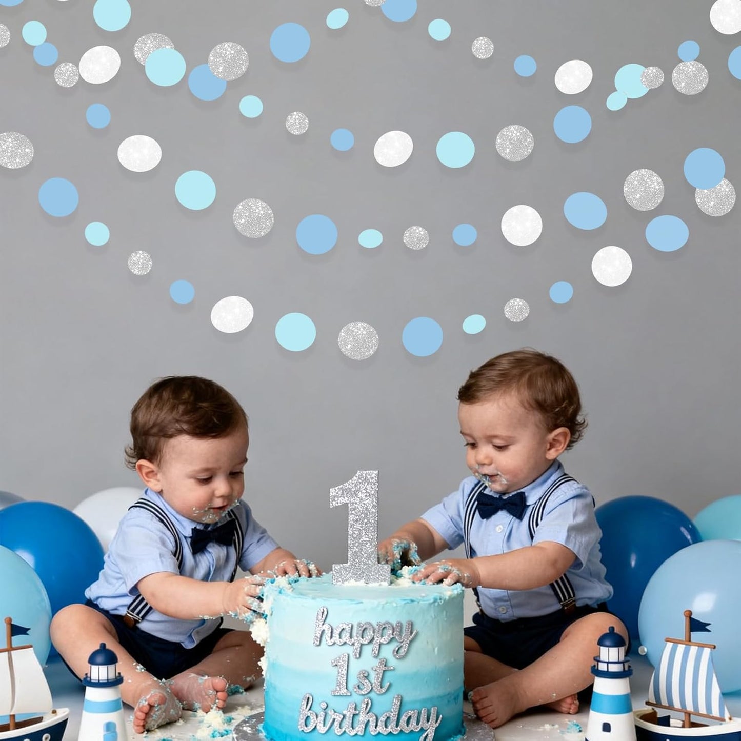 Dusty Blue Silver White Polka Dots Garland Hanging Paper Circle Dot Streamer for Nautical Baby Shower Birthday Wedding Engagement Bridal Shower Retirement Graduation Hen Party Decorations Supplies