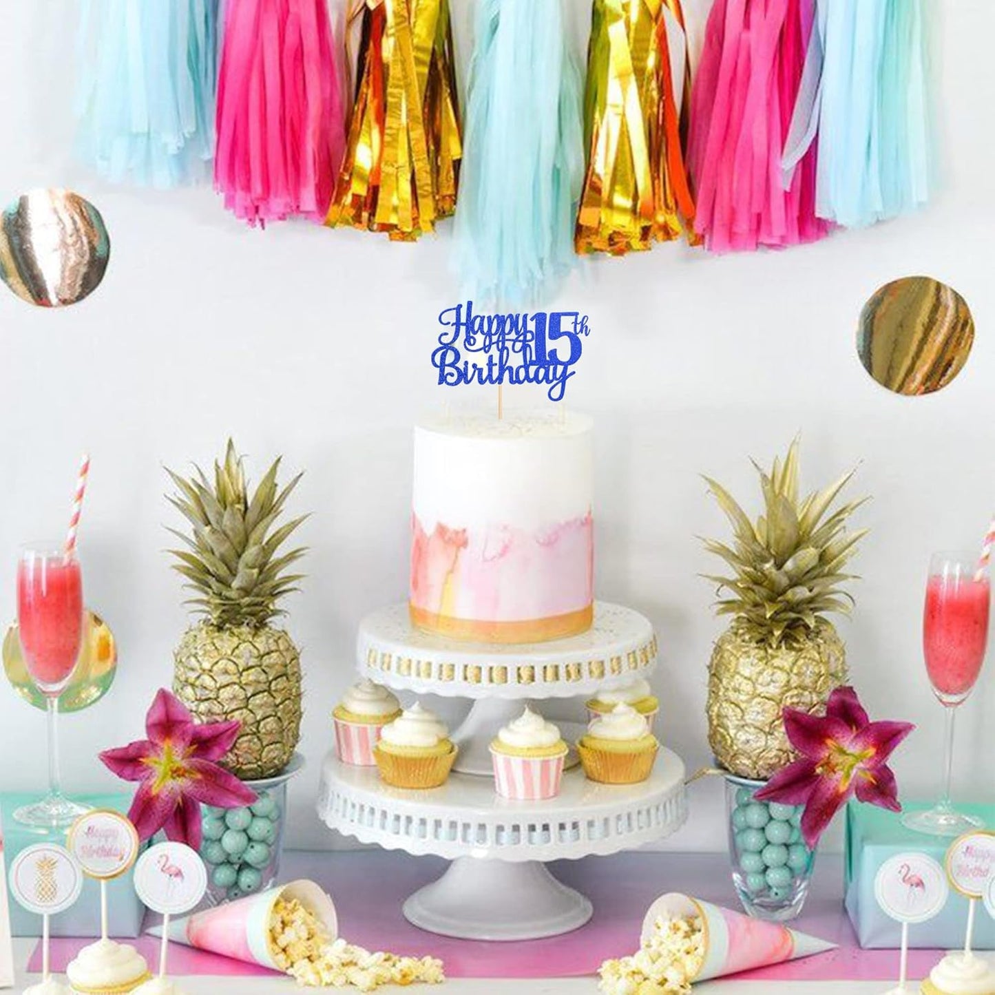 1 PCS Happy 15th Birthday Cake Topper Glitter Cheers to 15 Years Birthday Cake Pick Mis Quince 15 Fabulous Cake Decoration for Happy 15th Birthday Theme Party Decorations Supplies Blue