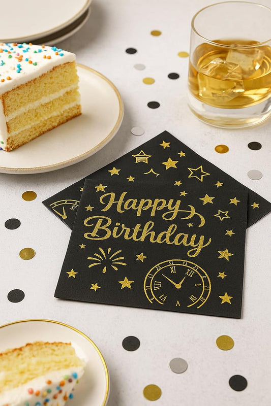 100 Black Happy Birthday Cocktail Napkins- 2-Ply Disposable with Gold Foil-Elegant Party Napkins for Drinks, Bars, Birthdays, and Celebrations (100 Count)