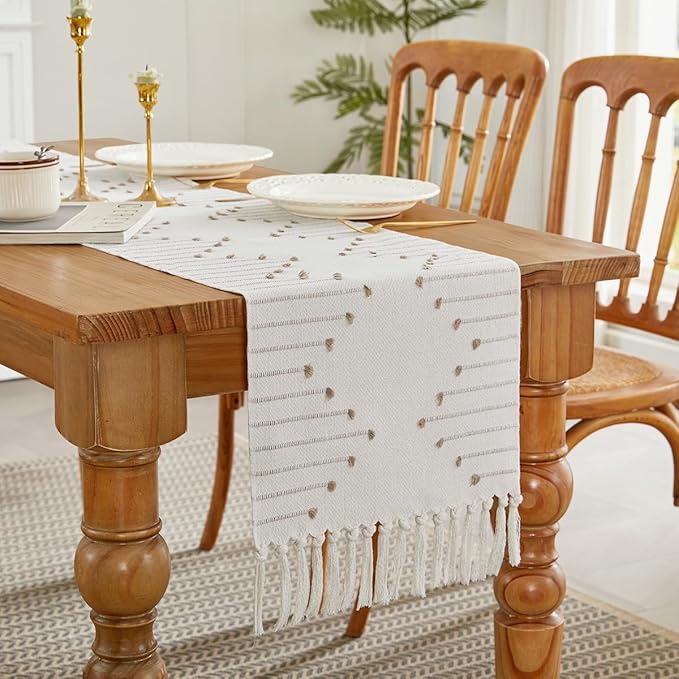 Wracra Boho Table Runner, Natural Cotton Woven Macrame Table Runners 36 Inches Long for Modern Farmhouse Woven Home Decor, 14x36 Inch, Taupe