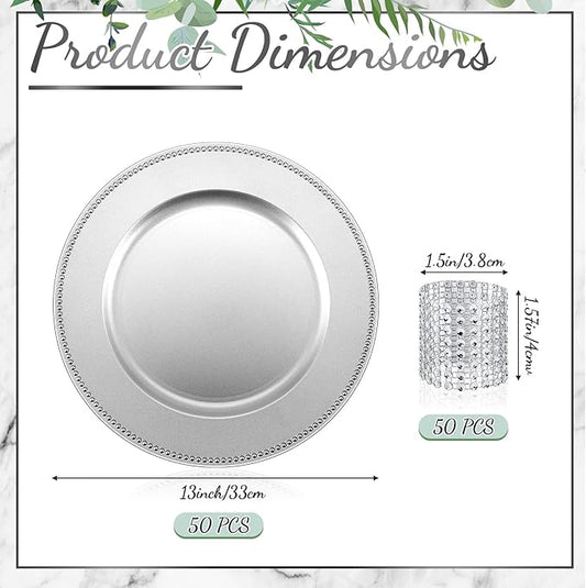 Tanlade 100 Pcs Charger Plates Bulk with Napkin Rings Set Include 50 Plastic Beaded Plate Chargers 50 Napkin Rings 13'' Round Dinner Plate Chargers Set for Table Setting Wedding Party(Silver)