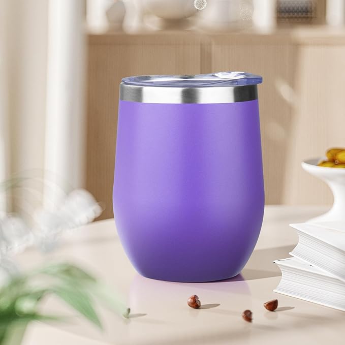 12oz Stemless Wine Tumbler with Lid Double Wall Insulated Wine Cup Stainless Steel Glasses Tumbler with Straw Insulated cocktail Tumbler Coffee Mug for Hot and Cold Beverages (Multicolor-6,4Pack)