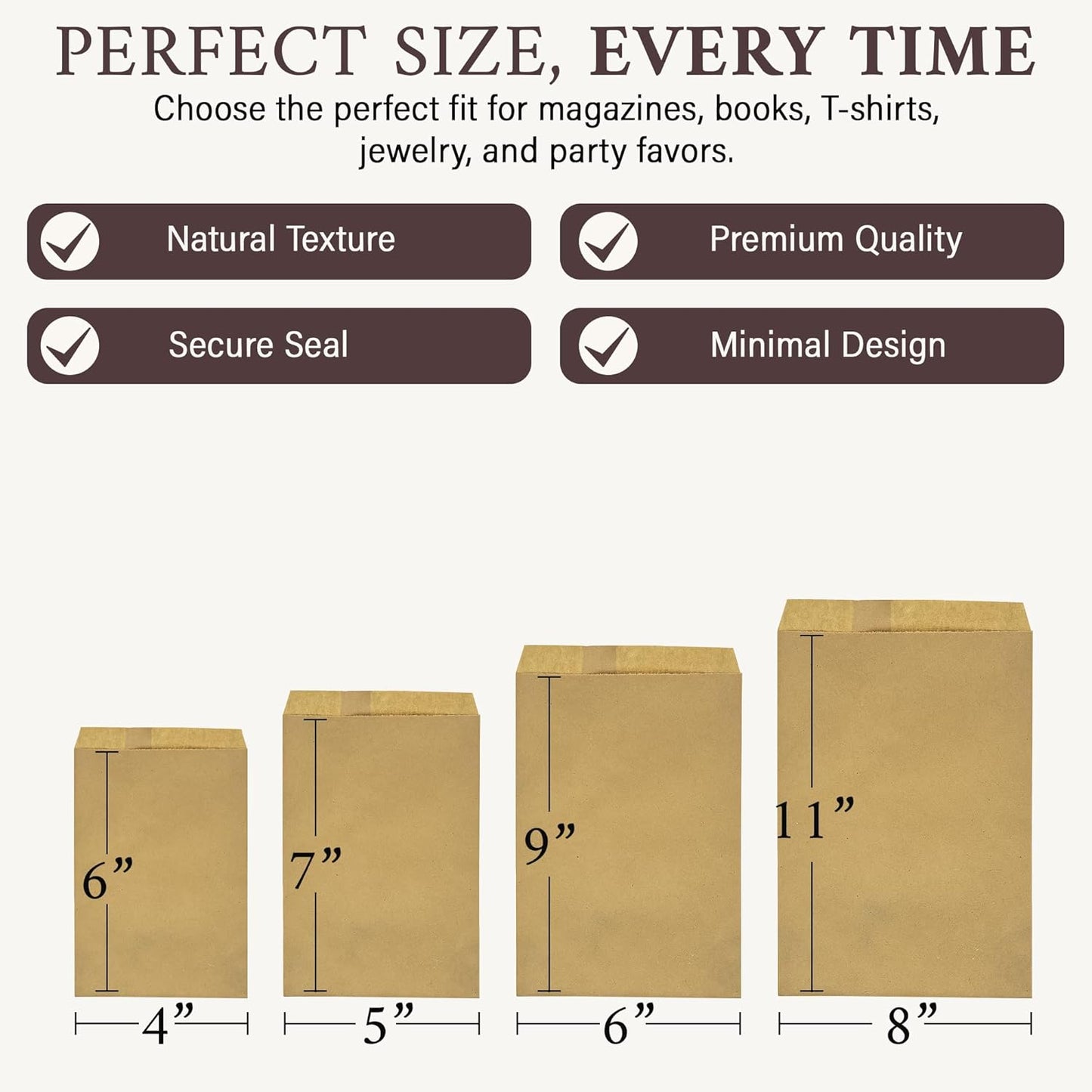 RJ Displays-100 Pack Kraft Brown Paper bags Merchandise Shopping Sales for Magazine, Books, Party Favor Bag T-Shirt (Brown, 6" x 9")- Premium bulk gift bags for small business