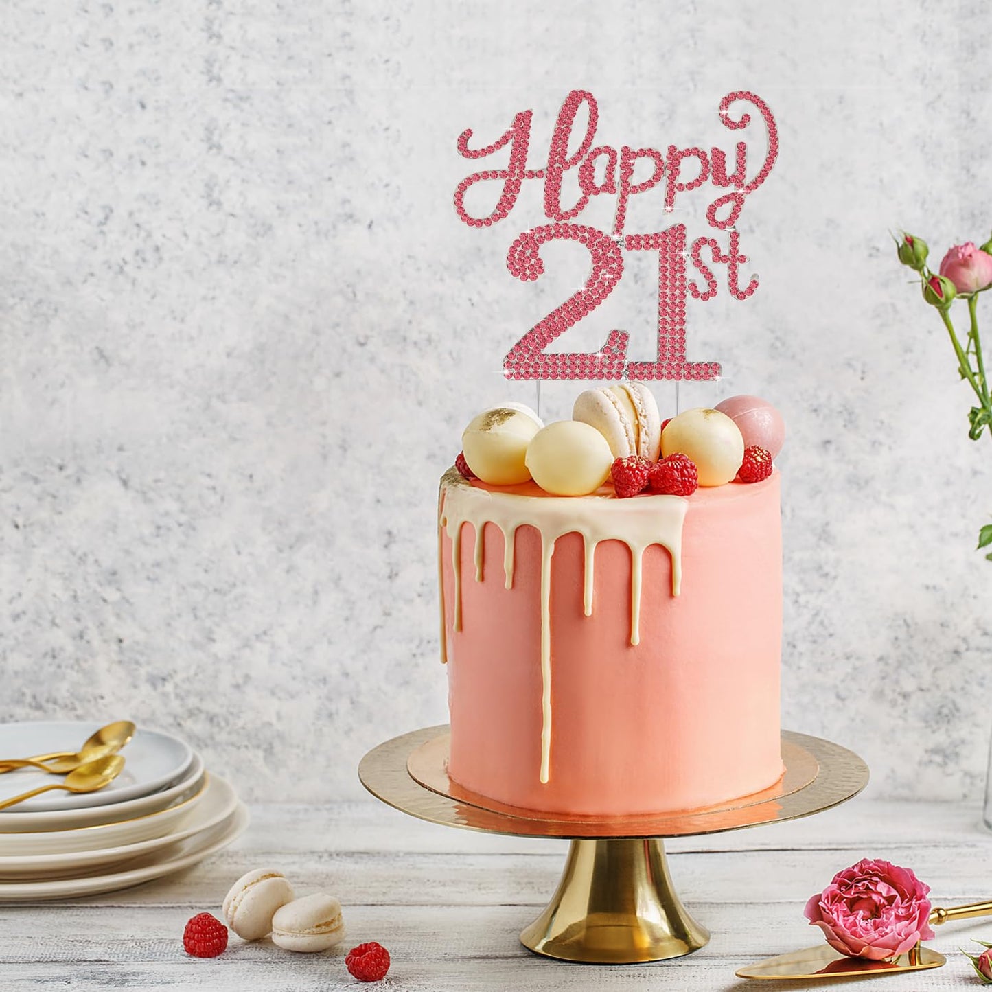 LASKYER Happy 21st Birthday Decorations,21st Birthday Silver & Red Rhinestone Cake Topper - Cheers to 21 Years Old Bday Party Metal Sparkly Cake Centerpieces Sign.