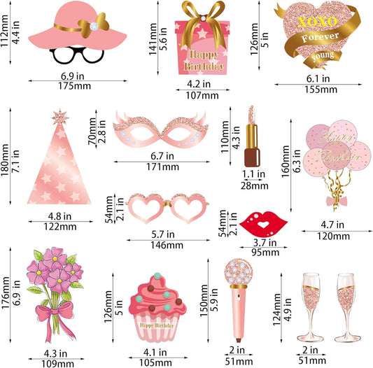 Birthday Decorations, Tumwisk 33PCS Birthday Photo Booth Props, Rose Gold Happy Party Decorations for Women, Glitter Selfie Props for Girls (All Ages)
