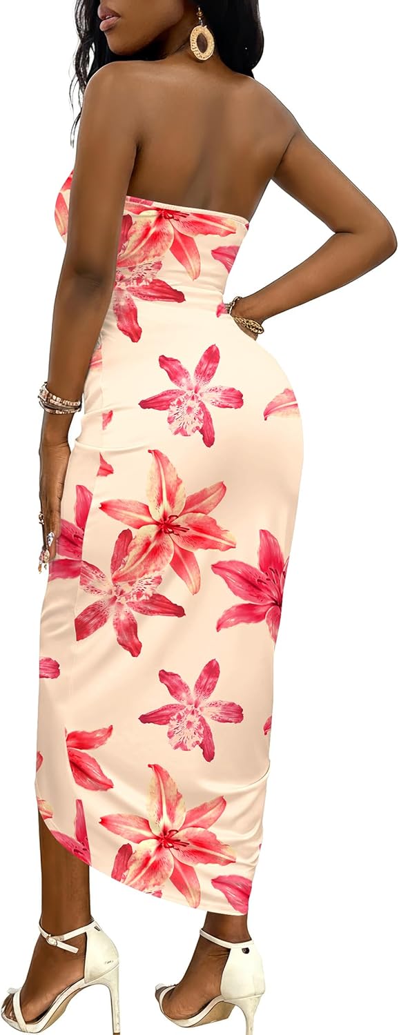 Umenlele Women's Strapless Ruched High Waist Wrap Split Asymmetrical Beach Maxi Long Dress