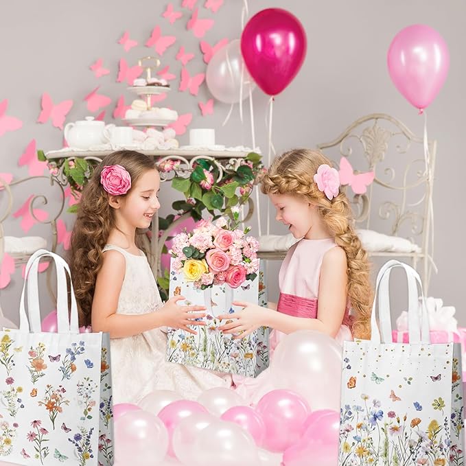 delaimastor 20pcs Wildflower Goodie Bags Floral Non Woven Tote Bags Reusable with Handles for Wedding Bridal Shower Bachelorette Birthday Tea Party 7.8x3.1x9.8 Inches