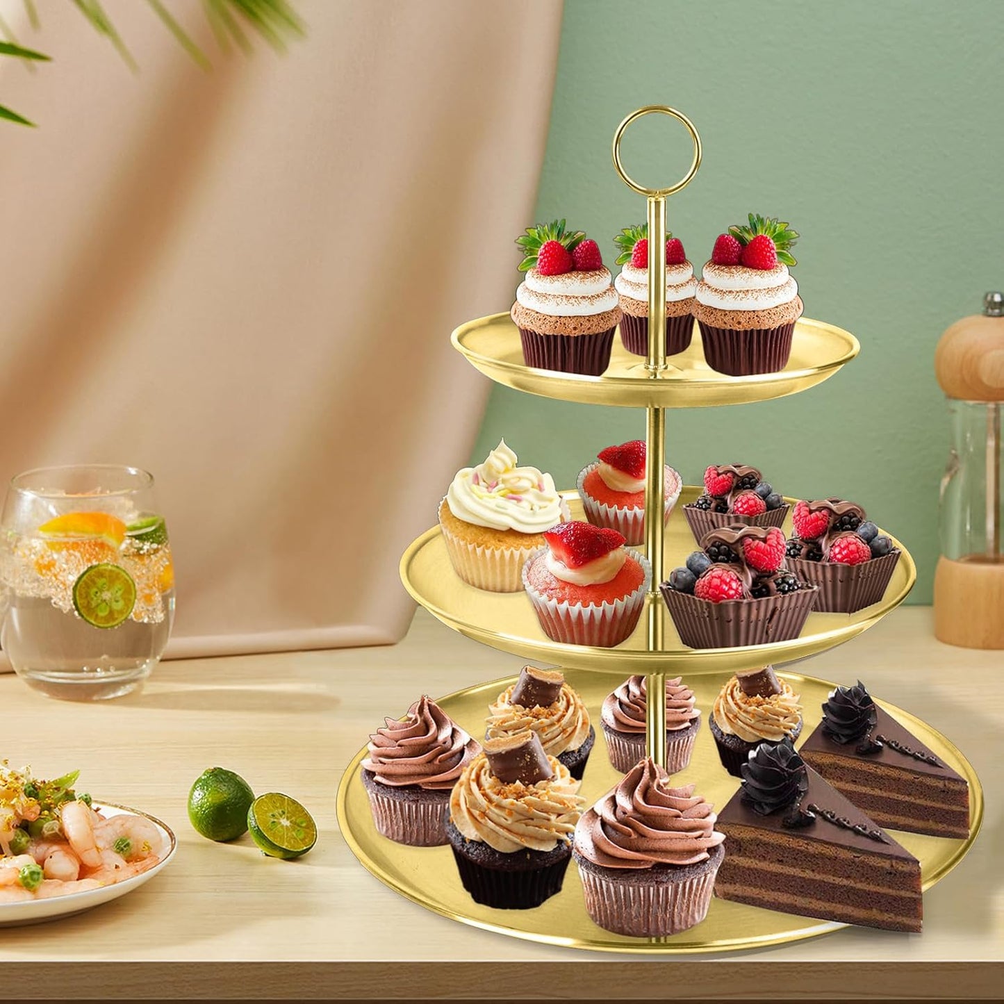 3 Tier Gold Cupcake Stand Stainless Steel Dessert Display Rack with Removable Tiered Tray for Parties,Weddings,Birthdays,Decorations,Any Festivals and Festivities(Stainless Steel Pole-2 Pack)