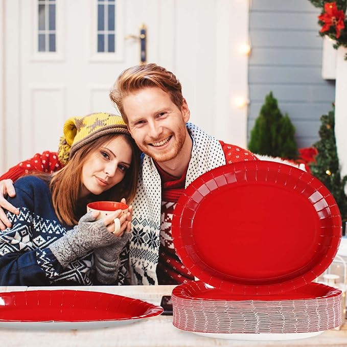 50 Pcs Red Oval Paper Plates 10"x12" Large Red Valentine's Day Plates Disposable Heavy Duty Valentines Day Platter for Chinese New Year Holiday Decorations Daily Dinner Wedding Birthday Party Supplies