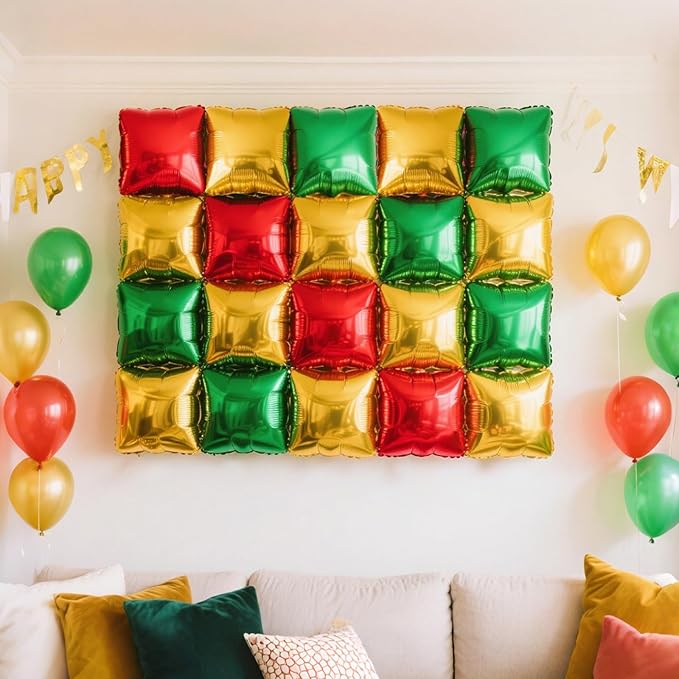 NISOCY 36PCS Red Green Gold Square Foil Balloons Wall Backdrop Double Sided Red Green Gold Balloons Arch Kit for Birthday Christmas New Year’s Graduation Anniversary Wedding Party Decorations
