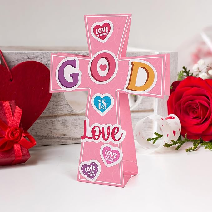 Yewfold 24Pcs Valentine's Day Religious Cross Craft Kit, Valentines DIY Cross Make Your Own 3D Handmade Valentines Christian Crafts, God is Love Church Art Project Activities