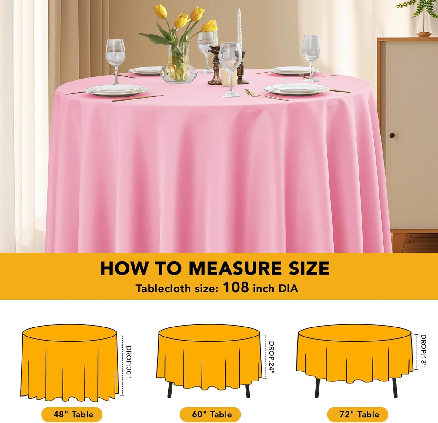 10-Pack Pink Round Tablecloths, 108 Inches, Stain-Resistant Polyester for 4-5 Ft Round Tables - Washable Table Covers for Weddings, Banquets, Birthday Parties, Events