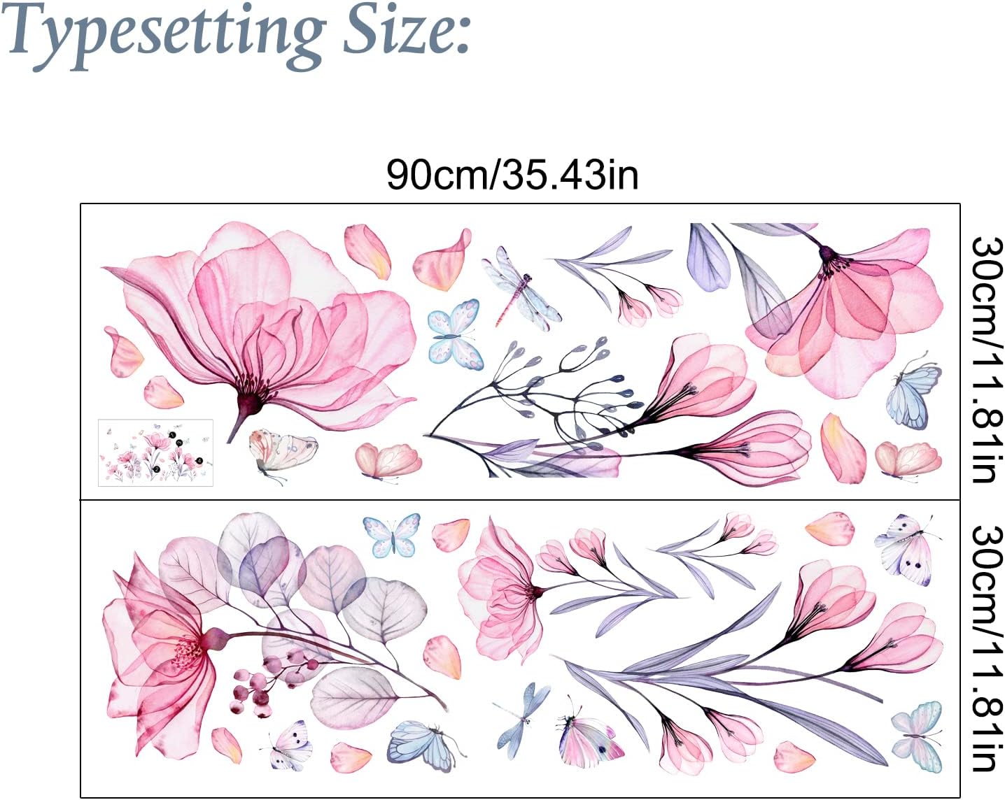Pink Flowers Wall Decals Removable Butterflies Floral Flowerl Wall Stickers DIY Vinyl Self Adhesive Wall Mural for Nursery TV Background Kids Gilrs Rooms Bedroom Decoration