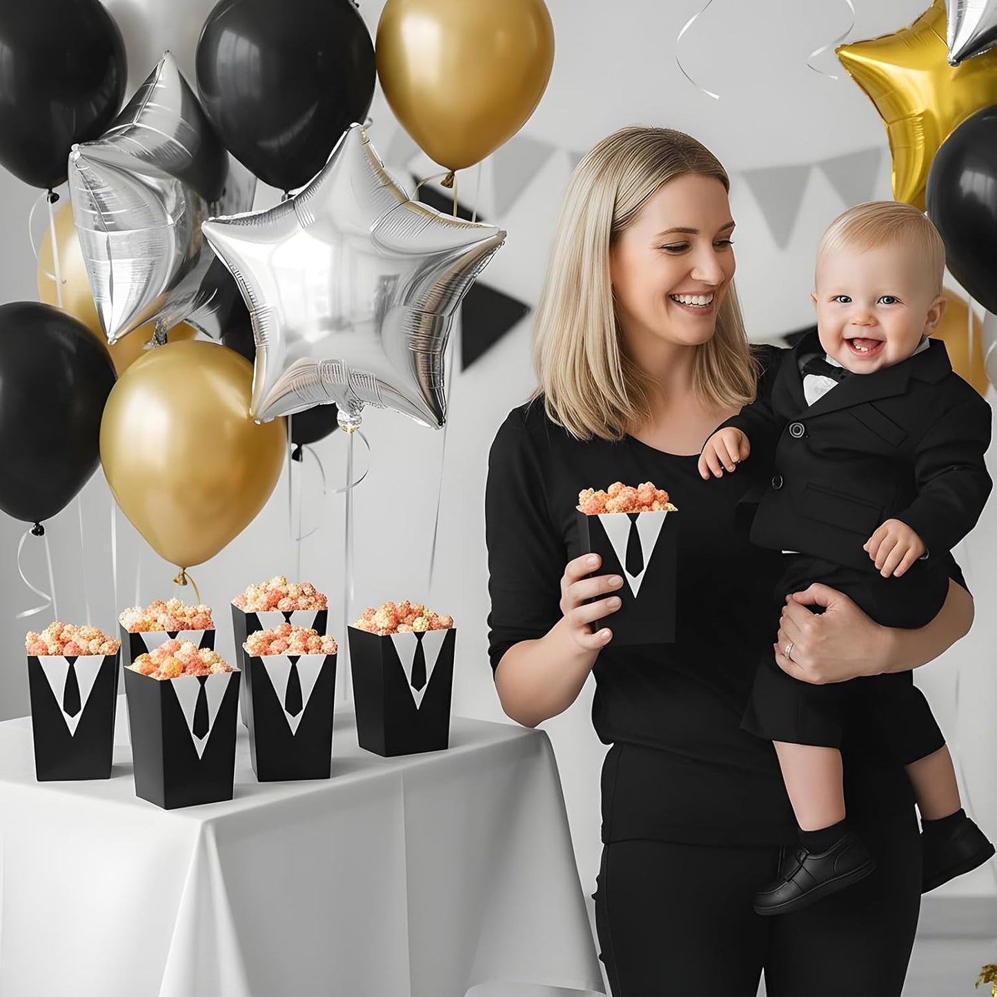 48 Pcs Tuxedo Popcorn Boxes, Black Tie Shirt Pattern Snack Bags Party Supplies, Disposable Popcorn Bags for Birthday Wedding Favors