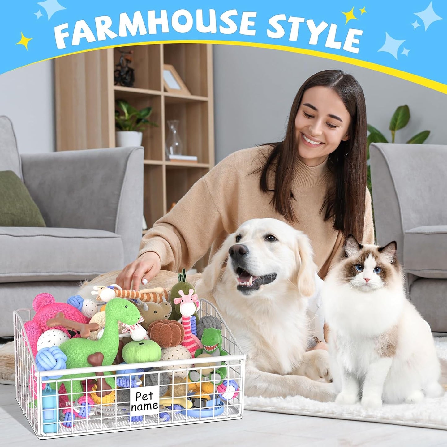 Indestructible Dog Toy basket, Medium Toy Box for Dogs,Pet Toy Bin Dog Metal Basket for Toys, Dog Toy Storage, Dog Storage Organizer,Dog Toy Box for Living Room Area (White)