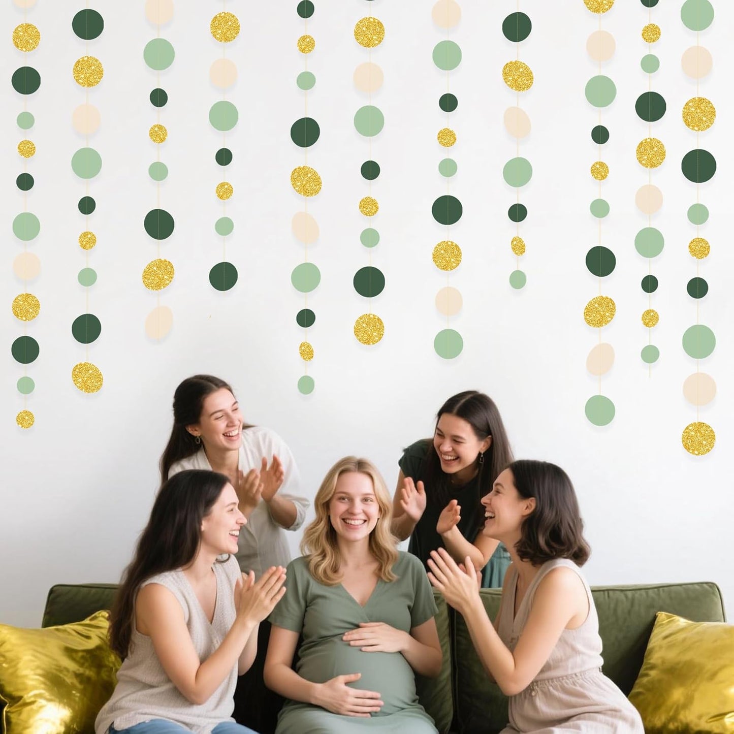 Sage Green Gold Beige Party Polka Dot Garlands Oilve Green Glitter Gold Hanging Paper Circle Dots Streamer for Baby Shower Birthday Wedding Engagement Retirement Boho Safari Party Decorations Supplies