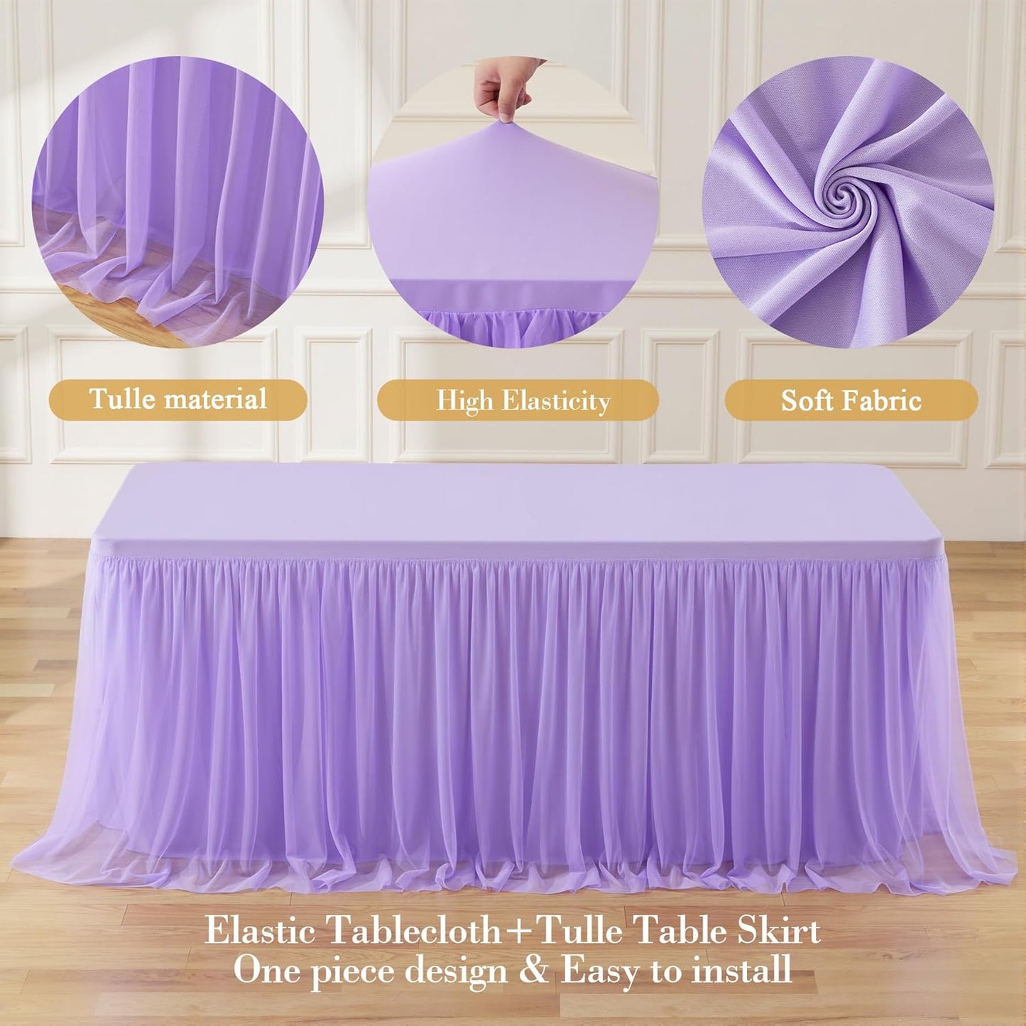Suppromo 6 Pack 8ft Lavender Tulle Tablecloths for Rectangle Tables 8 Foot Rectangular Table Cloth Wrinkle Free Table Cover with Tutu Skirt for Wedding Baby Shower Birthday Party Banquet Buffet Cake