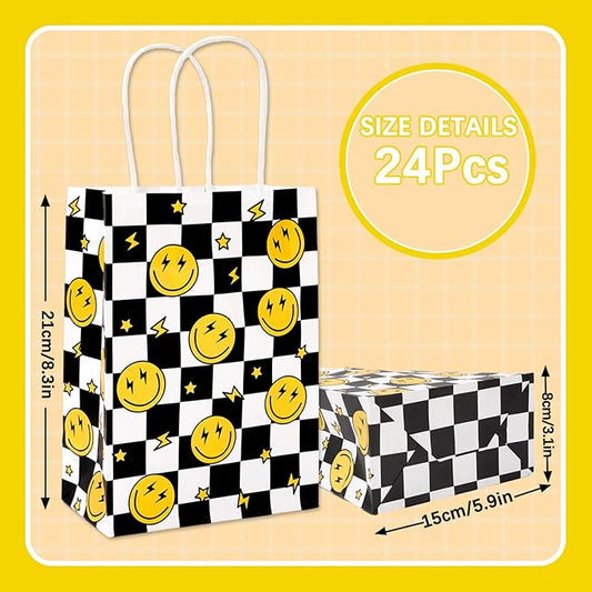 JarThenaAMCS 24Pcs One Happy Dude Party Favor Bags Smile Face Lightning Paper Gift Bag with Handles Checkered Goodie Treat Bags for Baby Shower Birthday Party Supplies