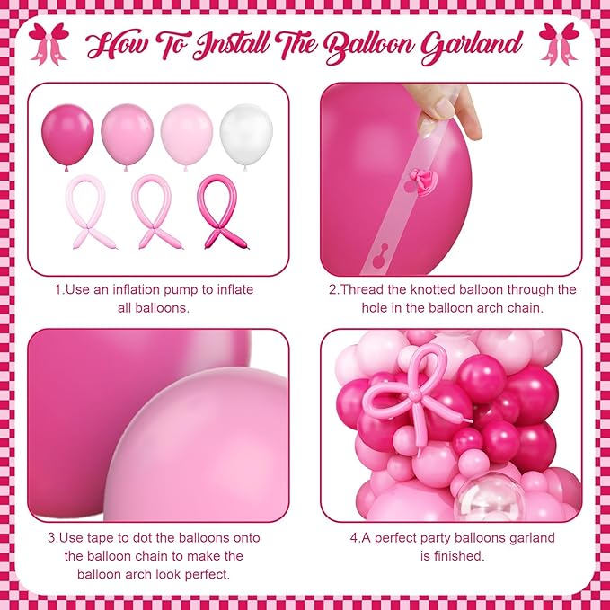 Hot Pink Balloons Arch Kit,Bow Balloon Garland with Pastel Pink Long Balloons for Birthday Party Mother's Day Baby Shower Anniversary Wedding Decorations