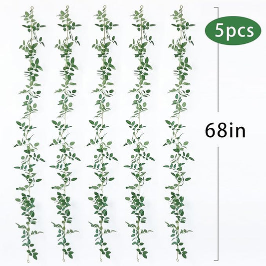 mizii 5 Packs 340" Artificial Vines Garland Fake Vine with Small Green Leaves Silk Rose Leaf Faux Hanging Plants Greenery Decoration for Outdoors Indoor Table Centerpieces Wedding Decor (Rose Leaves)