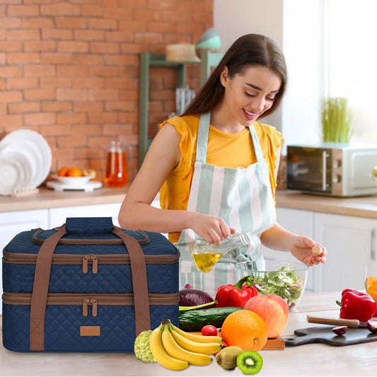 Vuudh Quilted Insulated Double Casserole Carrier - Thermal Lunch Tote for Potluck Parties, Picnic, Beach, Fits 9 x 17 Inches Baking Dish, Casserole Dish, Expandable (Blue)