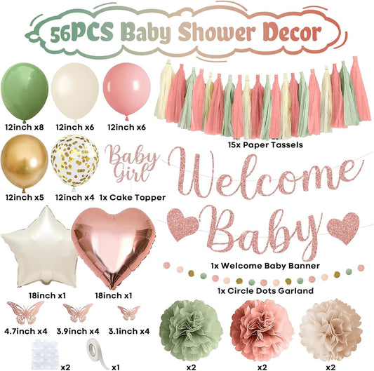 Baby in Bloom Baby Shower Decorations, Sage Green Dusty Blush Pink Gold Sand White Latex Confetti Balloons with Banner Cake Topper Pom Poms Tassel for Girls Boho Fairy Floral Birthday Party Decoration