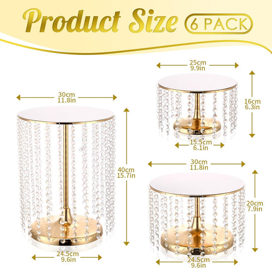 Set of 6 Metal Cake Stands with Crystal Pendant Round Dessert Display Plate Cupcake Holder Pedestal for Wedding Party Birthday Baby Shower Anniversary Celebration Home Decor (Gold)