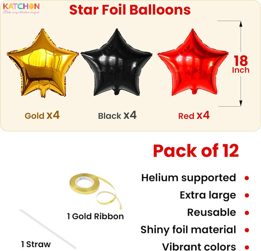 KatchOn, Huge, Red Black and Gold Star Balloons - 18 Inch, Pack of 12 | Red, Black and Gold Party Decorations, Star Foil Balloons | Carnival Decorations, Birthday Party Decorations, Casino Night Decor