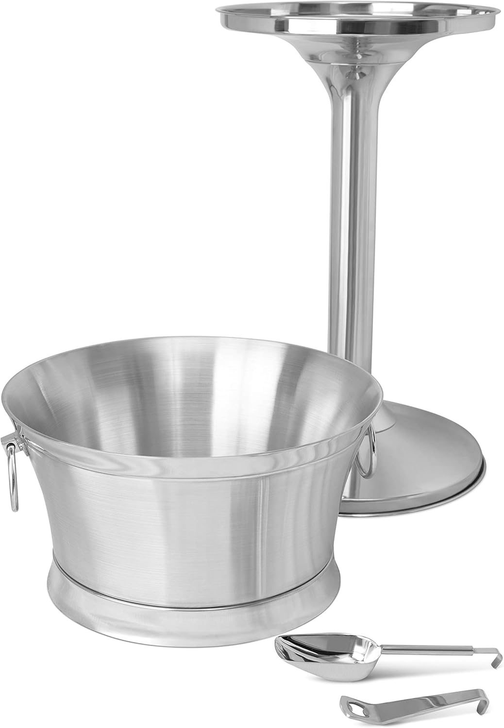BIRDROCK HOME Metal Beverage Tub w/Stand, Scoop & Bottle Opener - Stainless Steel Double Wall Ice Cooler - Large Drinks, Beer, Wine, Champagne Chiller Buckets w/Holder for Parties - Silver Container