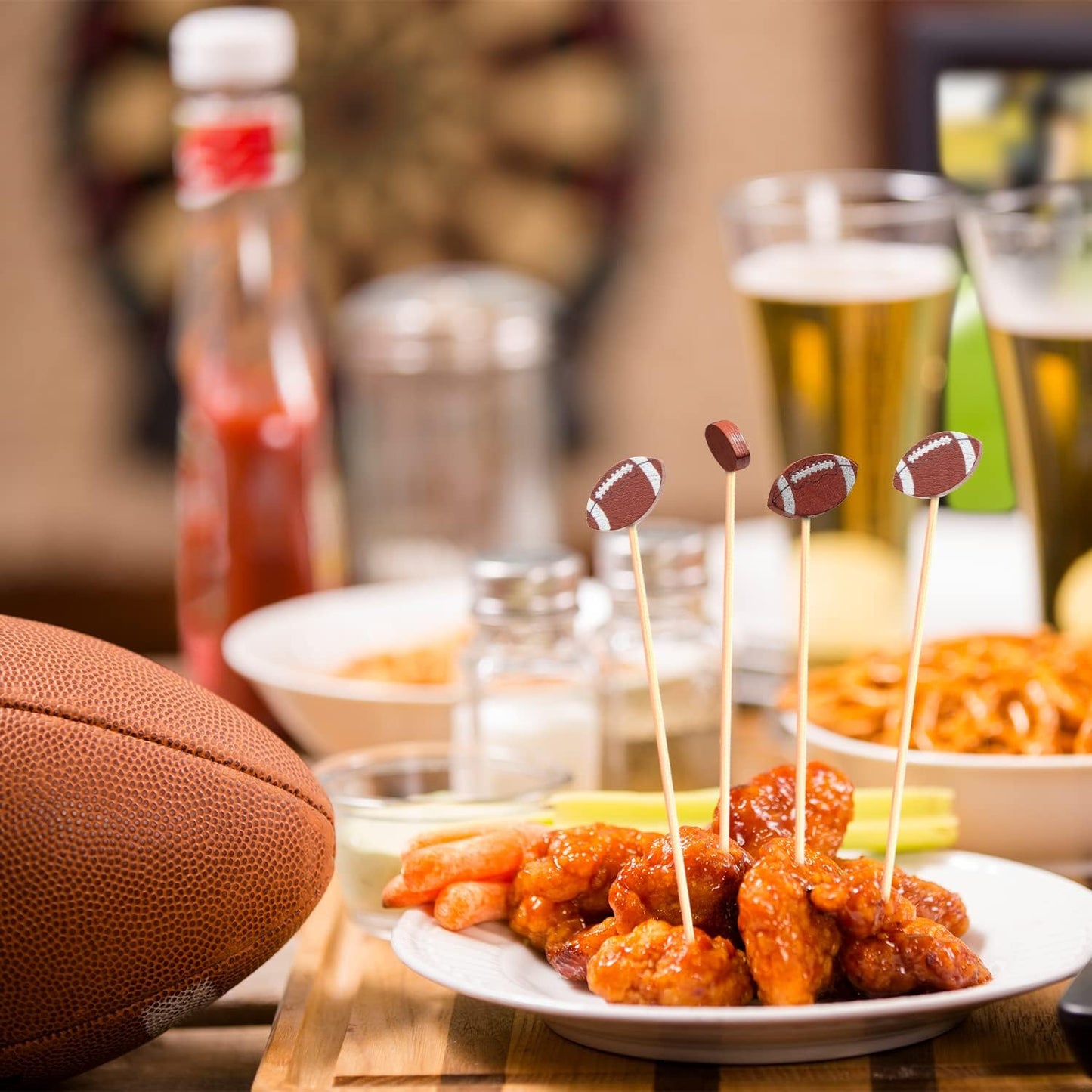100pcs Football Cocktail Picks Decorative Toothpicks Fruit Sandwich Skewers Dessert Sticks for Rugby Ball Super Bowl League Sports Catered Events Decorations Party Supplies
