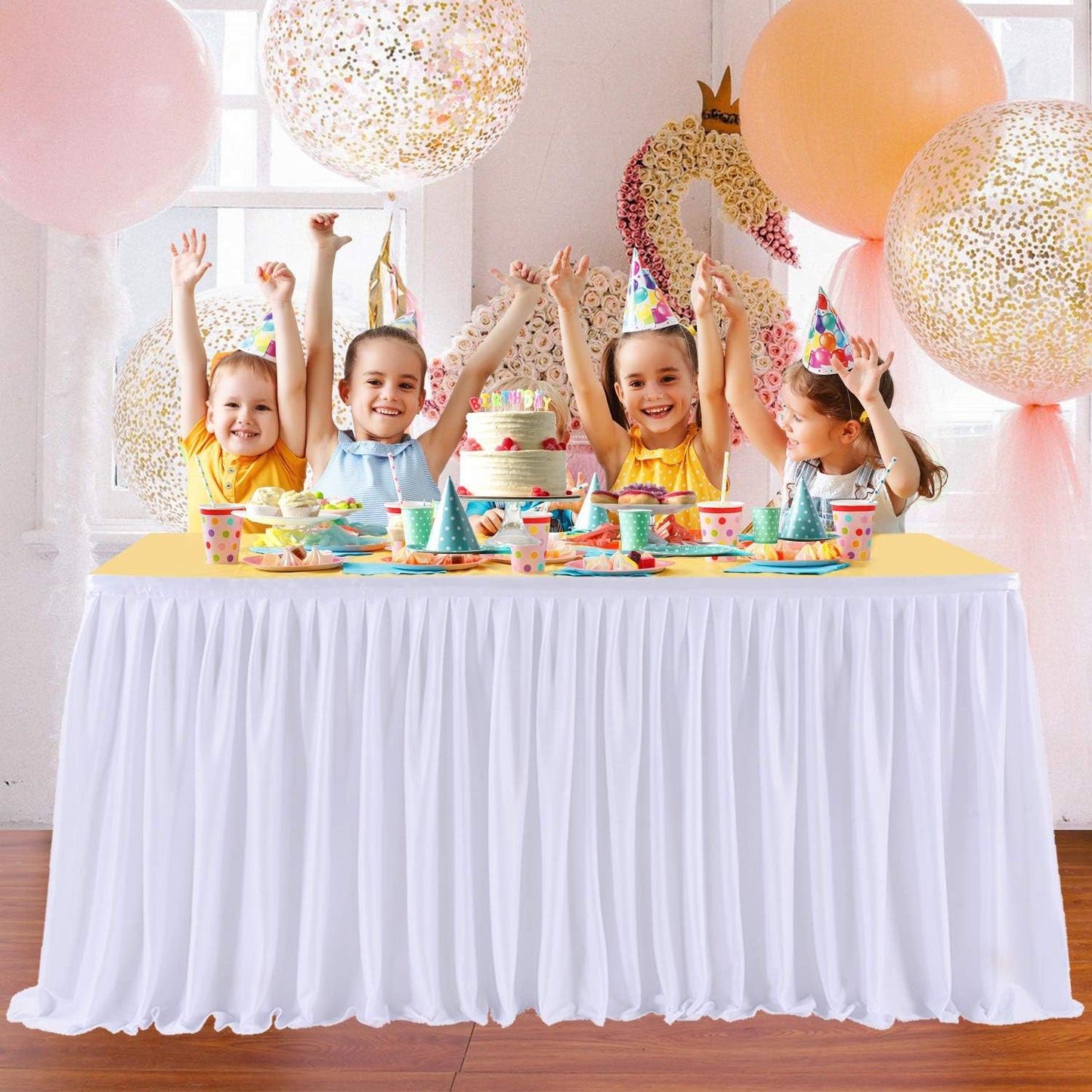14ft White Table Skirts for Rectangle Tables Polyester Pleated Ruffle Table Skirt Tablecloth for Wedding Birthday Party Baby Bridal Shower Banquet Decoration