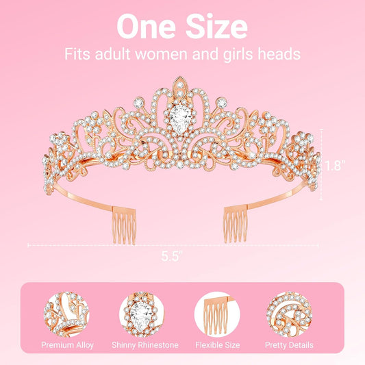 Birthday Tiara and Crown with Sash, Birthday Tiara for Women Party (Rose)