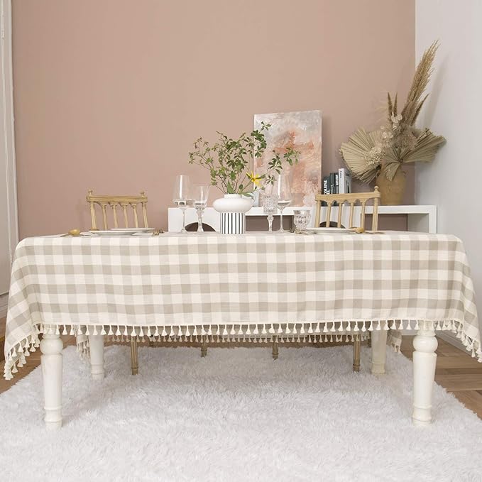 Rustic Checkered Tablecloth, Cotton Gingham Rectangle Table Cloths for Kitchen Dining Restaurant Farmhouse Thanksgiving Christmas Décor(55x120”,Gray Khaki)