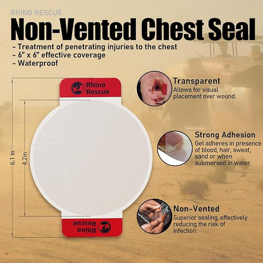 RHINO RESCUE Chest Seal Non-Vented, Sterile Emergency Trauma Dressing, Occlusive Adhesive Pad, IFAK Refill & Medical First Aid Supplies for Wound Care, Gunshot Wound, Sucking Chest (2 Count)