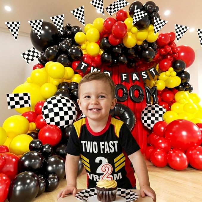 Race Car Balloons Arch Kit - 156Pcs Race Car Balloon Birthday Party Supplies, Banner, VROOM, Number 2 Foil Balloon Garland Kit for Racing Car Theme Two Fast 2nd Boy Birthday Party Decorations