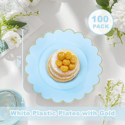 LIYH 100 Pcs Blue Plastic Plates - 7.5 Inch Scalloped Edges Disposable Dessert/Salad Plate- Blue with Gold Rim Premium Hard Appetizer Cake Plastic Plates for Party, Weddings, Bridal Shower