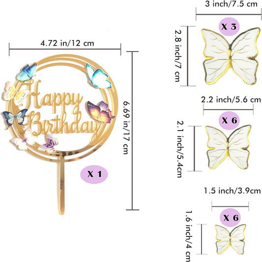Butterfly Cake Toppers Decorations - 1 Big Happy Birthday Cake Topper & 15Pcs 3D White Gold Butterfly Cupcake Toppers - Perfect for Women Girl's Birthday
