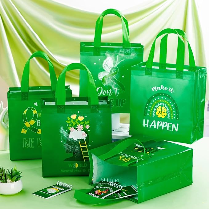 HunnmingRe 30 Pcs Mental Health Awareness Gifts Bags with Handles Green Party Favor Bag Bulk Mental Health Awareness Item Reusable Non Woven Handbags for Public Charity Event Party Supplies, 6 Style