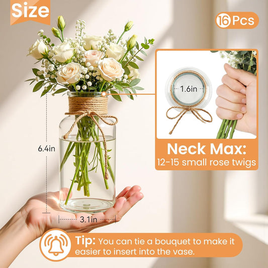 Vintage Glass Flower Vase Bulk 16 Pack Farmhouse Transparent Centerpiece Vases with Hemp Rope Mason Jars for Weddings Parties Dining Table Home Decor(Large)